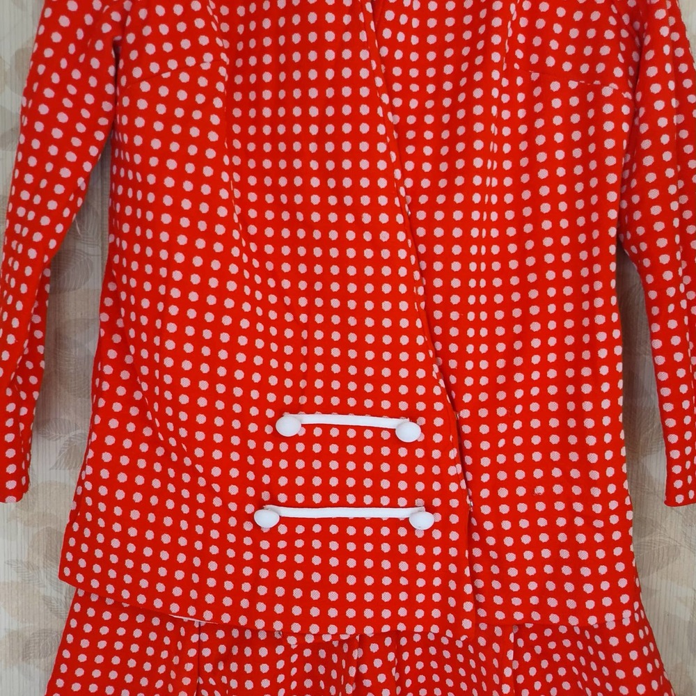 Vintage 70s Julie Miller High Neck Drop Waist 2 PC Polka Dot Dress Suit (REPAIR) - Picture 2 of 13
